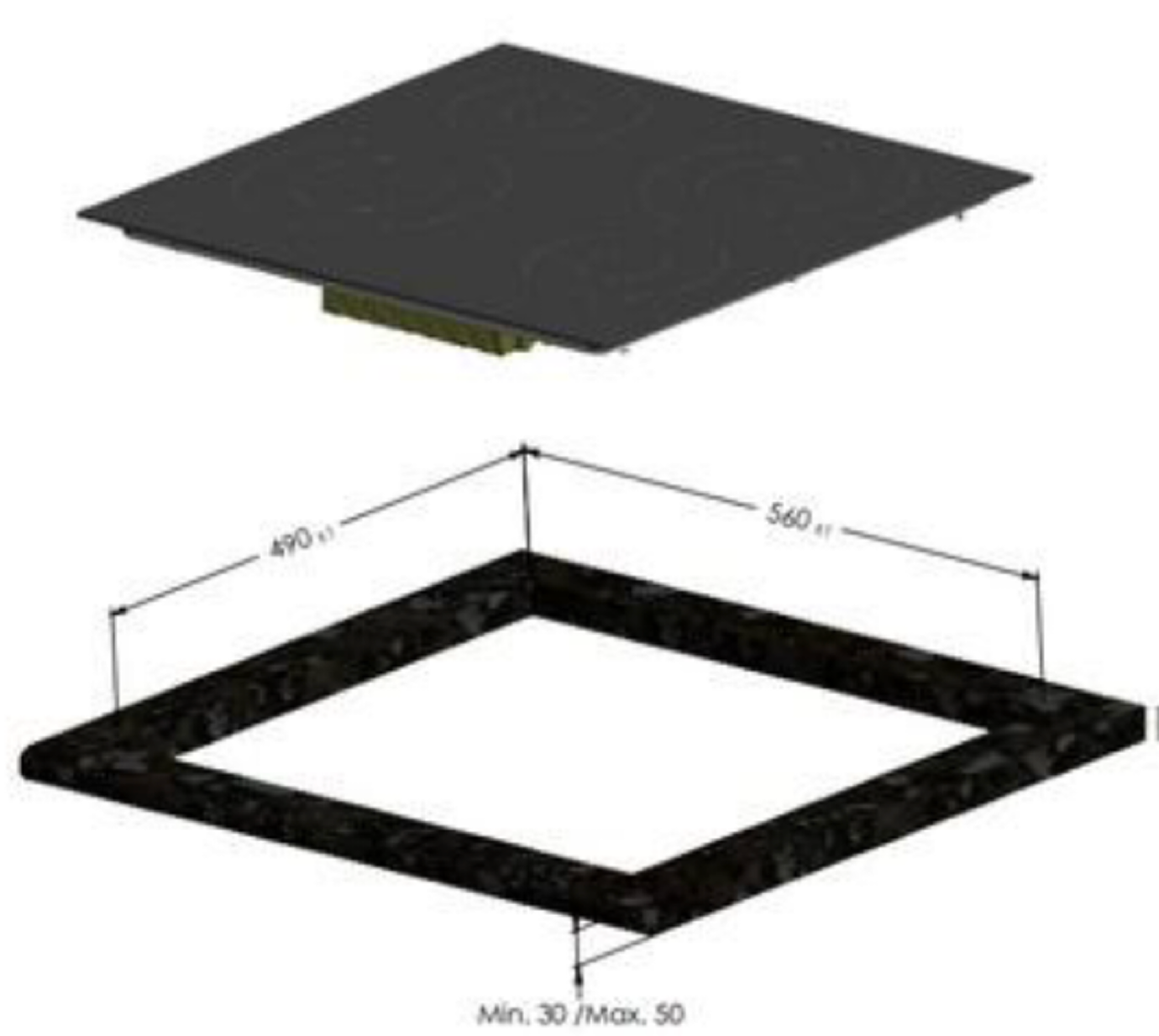 Diagrama técnico de instalación de la cocina Inntro mostrando medidas del hueco y grosor de encimera